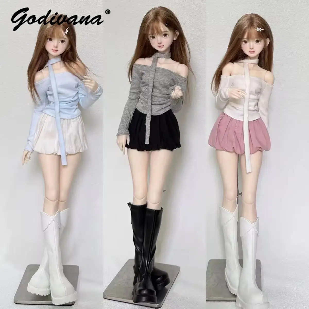 1/4 BJD Doll Clothes Sweet Casual One-shoulder Long Sleeve Pleated Top and Scarf with Bud Skirt Daily Three Piece Set