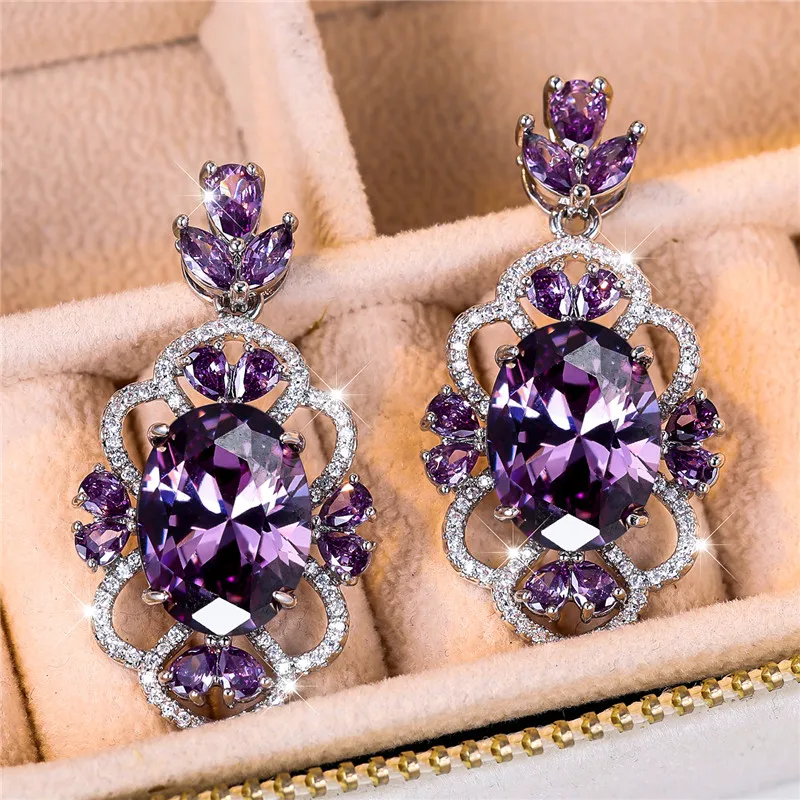 Female Crystal Purple Zircon Stone Stud Earrings Vintage Silver Color Wedding Jewelry For Women