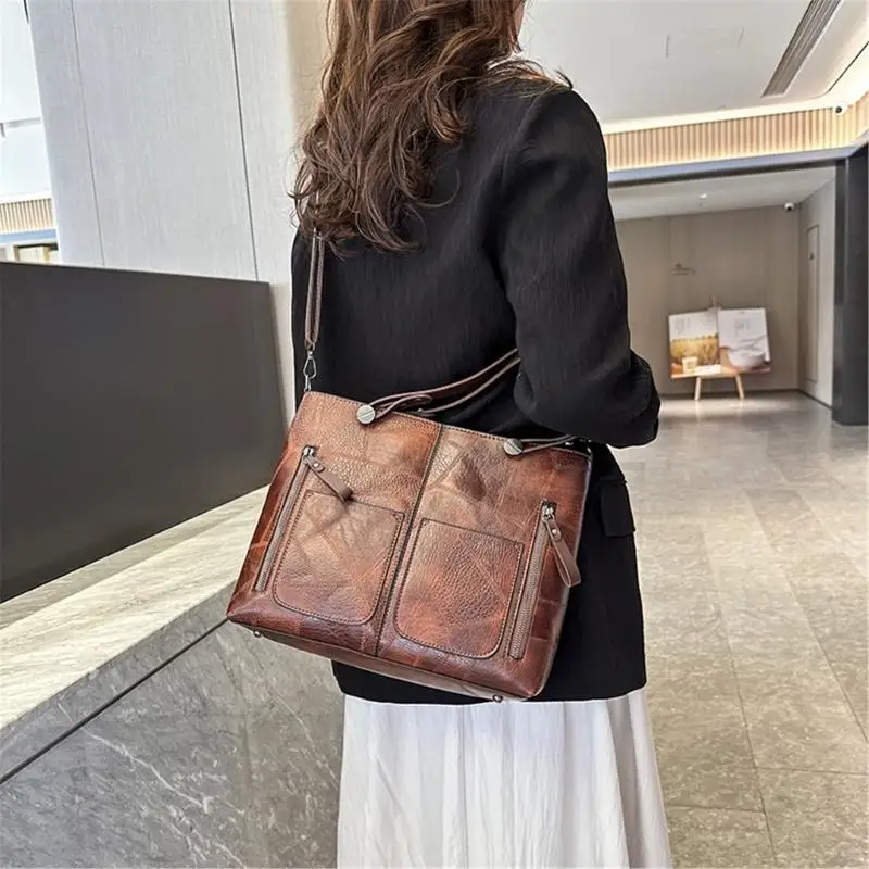 

Women Double Pocket Handbag PU Leather Crossbody Shoulder Bag with Top Handle