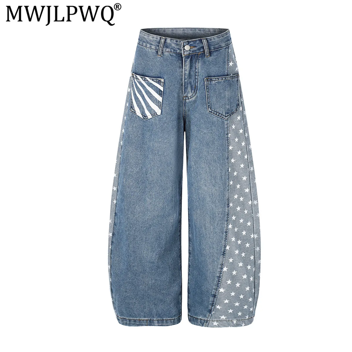 MWJLPWQ American Retro Irregular Straight-Leg Jeans Men's Printed Washed Scythe Pants Loose Wide-Leg Casual Trousers New 20529