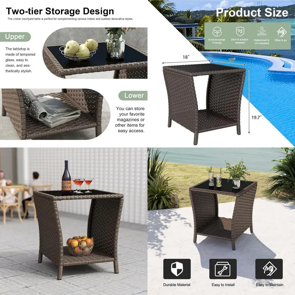 

Компактный уличный столик из ротанга с закаленным стеклом и полкой для хранения для патио, балкона и веранды