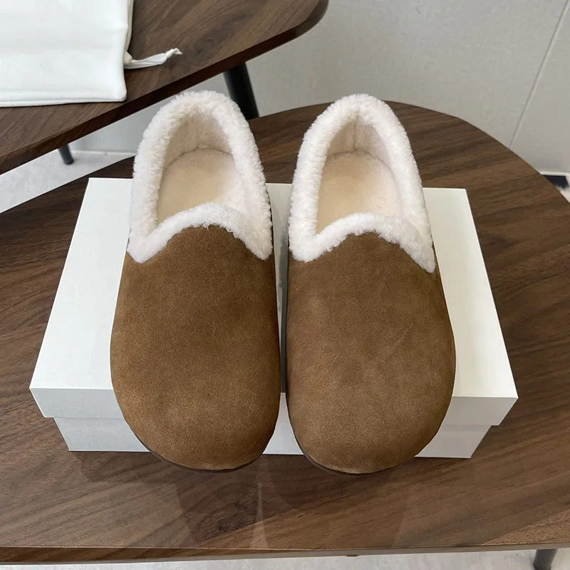 Flat Shoes Women's Cow Suede Thick Bottom Single Shoes Round Toe Plush Lining Keep Warm Walking Shoes Winter Retro Loafers