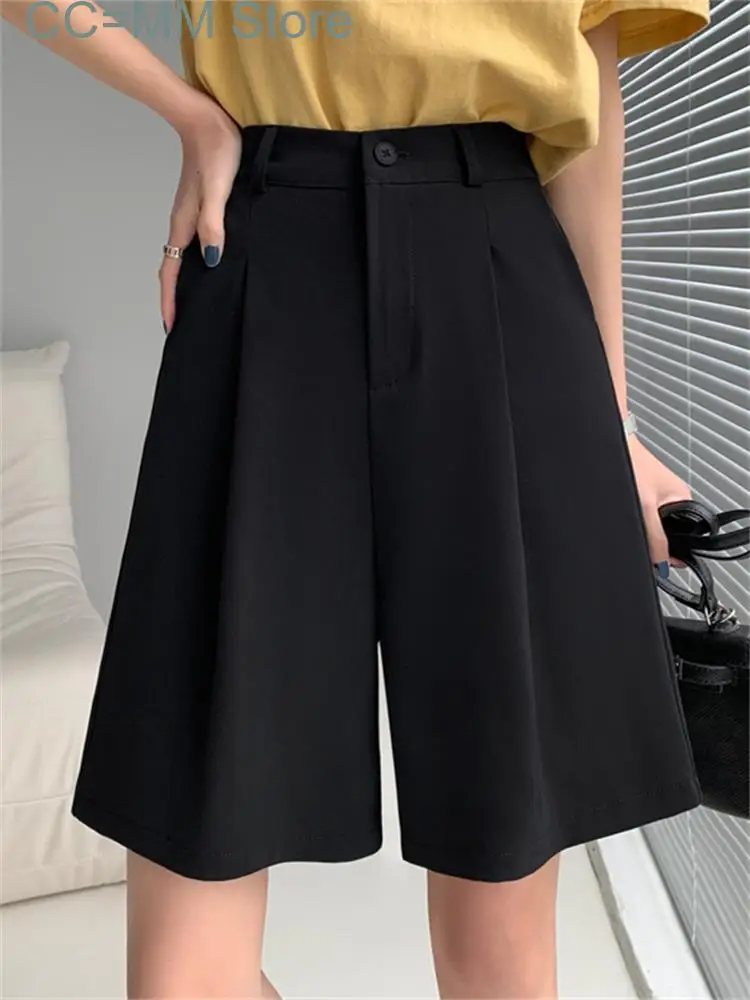 

New Suits Shorts for High Waisted Office Ladies Wide Leg Shorts Korean Fashion Casual Knee Length Black Shorts