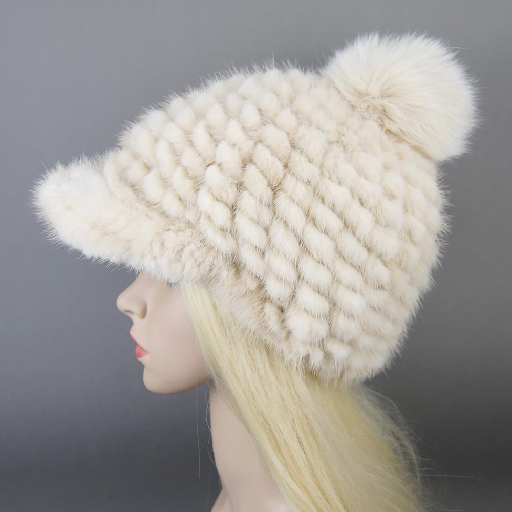 New Women Fashion 100% Genuine Mink Fur Hats Russia Lady Winter Hand Knitted Real Mink Fur Hat Natural Warm Mink Fur Visors Cap
