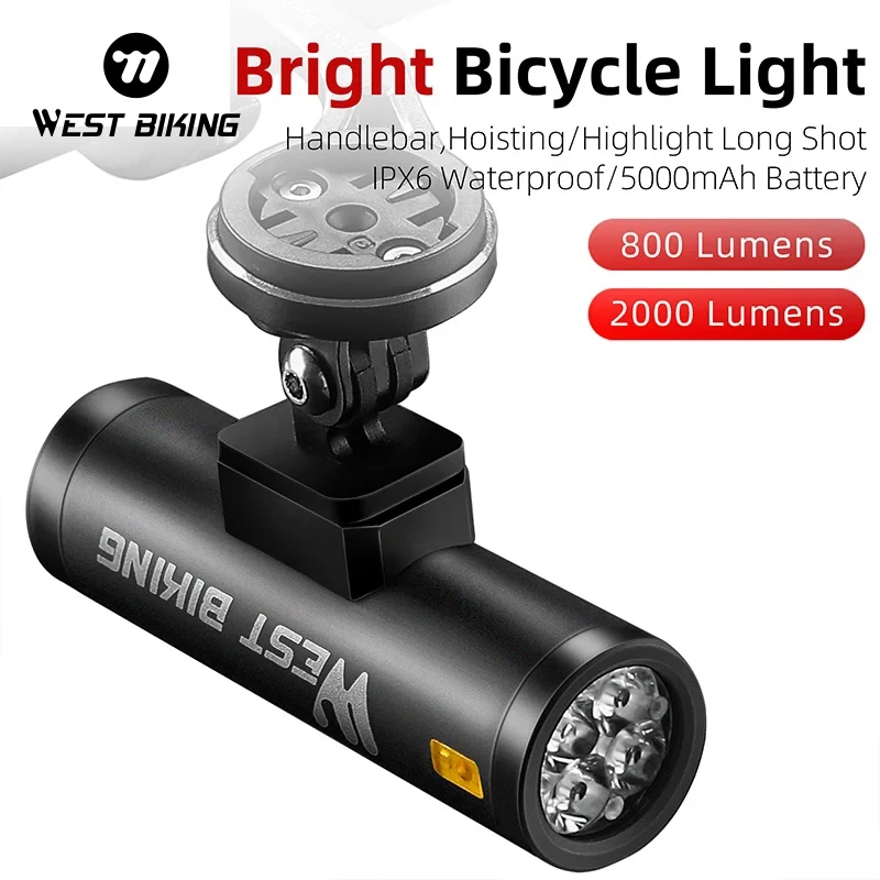 

WEST BIKING Bicycle Headlight 2000LM High Brightness Bike Light IPX6 Waterproof Type-C Charging LED Flashlight Bike Accessories