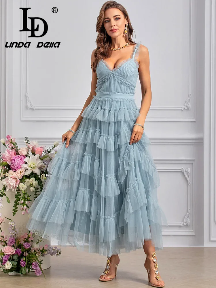 LD LINDA DELLA Estate 2024 Abito firmato di lusso per le donne Vintage Tinta unita Filato netto Cascading Ruffle Abiti con cinturino per spaghetti