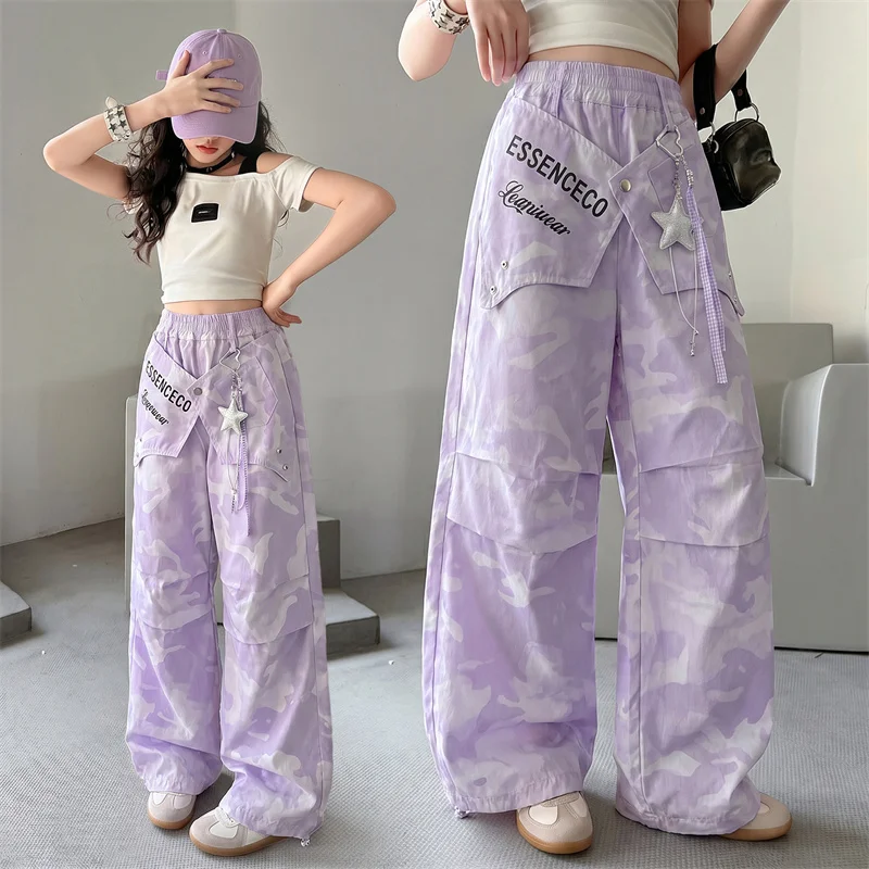 Mädchen Tie-Dye-Print-Design, lila Camouflage, lässige, lockere Hose, Teenager-Schulkinderhose für den Sommer, Korea-Jogginghose für Kinder