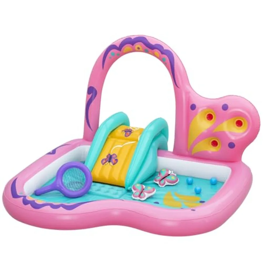 

Outdoor inflatable water play center for toddlers and kids 2+ with butterfly design PVC material blue and pink colors includes
