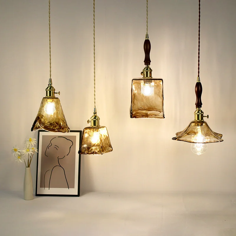 American Retro Glass Pendant Lamp Creative Amber Pendant Light Decoration Lighting Ceiling Light Corridor Bedroom Bedside Lamps