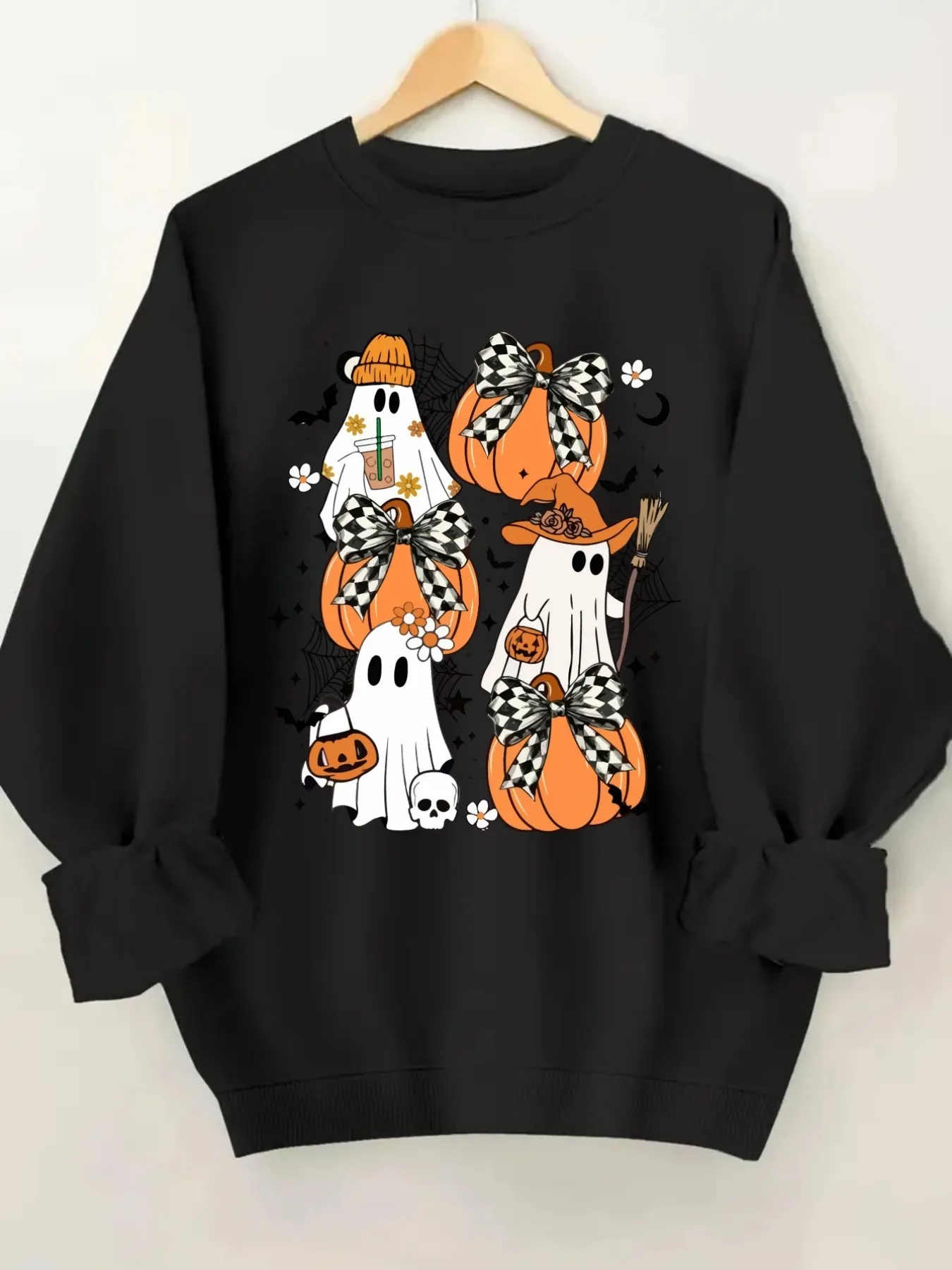Women's Crew Neck Pullover Sweatshirt Halloween Pumpkin Ghost Design, Soft Casual Long Sleeve, Daily Casual Top Outfit, Winter Women's Clothing, Halloween Costume Outfit