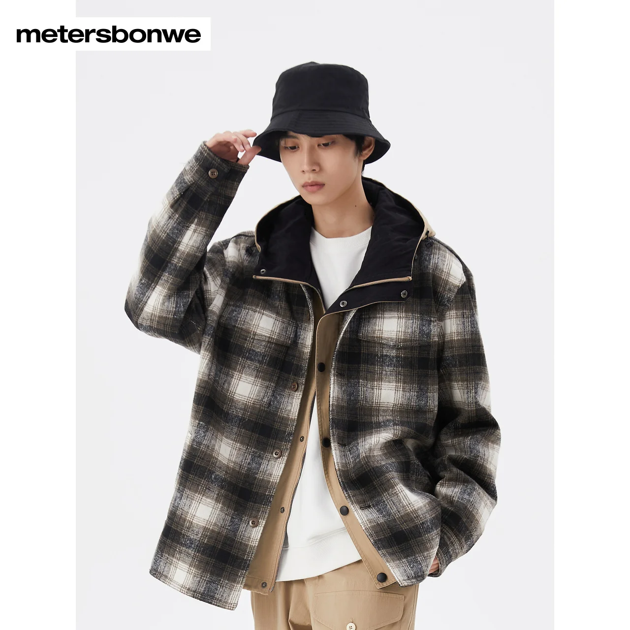 

Metersbonwe-Men's Classic Plaid Shirt Thick Vintage Costum Tweed Long Sleeve Bussiness Casual Spring Autumn