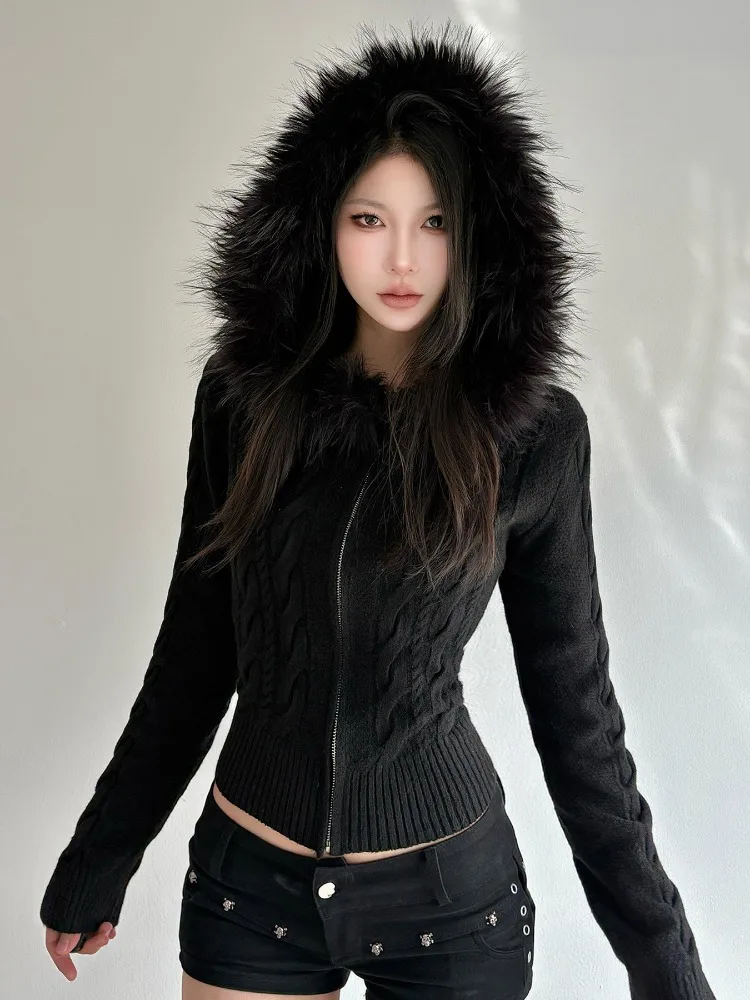 AltGoth Aesthetic Warm Sweater Women Fairycore Grunge Dark Gothic Streetwear Fur Patchwork Hooded Zip-up Knitted Sweater Female