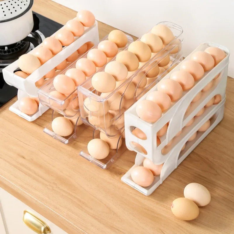 Household Automatic Rolling Egg Storage Box Kitchen Refrigerator Side Door Egg Preservation Rack Egg Boxes 4 Layer Eggs Storage