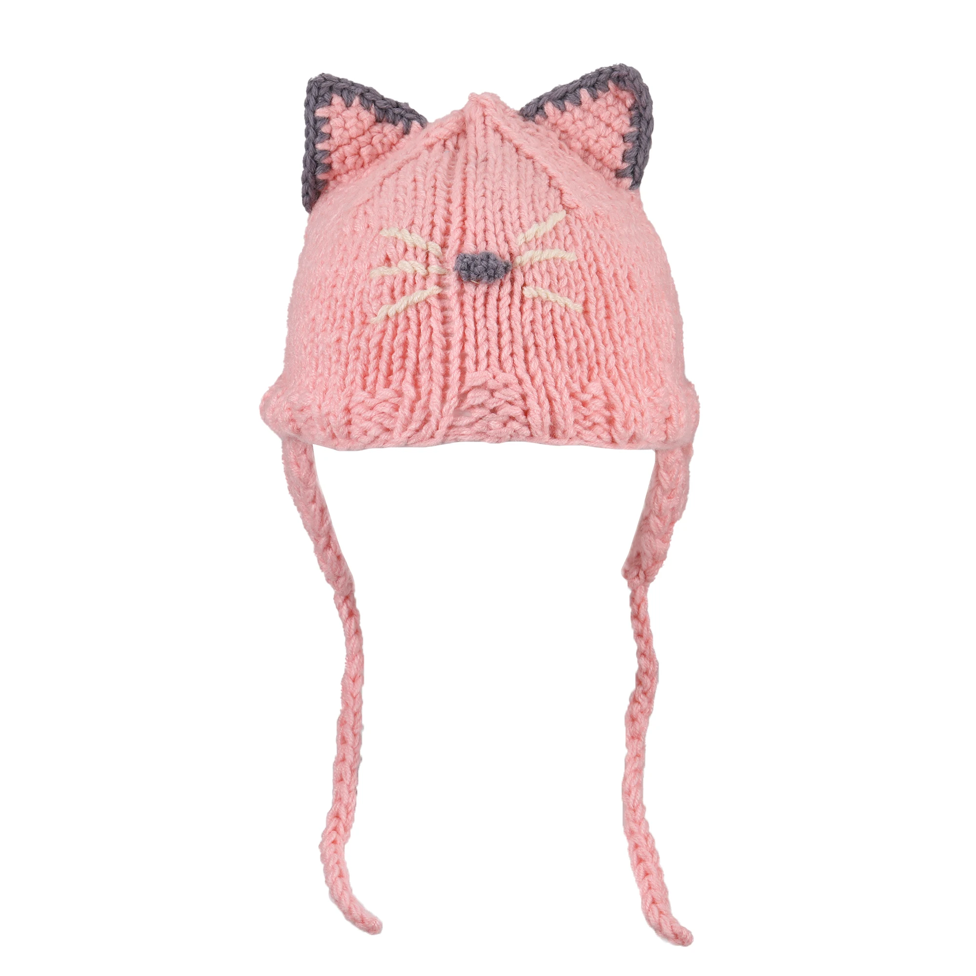 Pink Comfortable Lovely Cat Girls Kids Hat Handmade Knitted Winter Thick Beanie Ears Cap Breathable