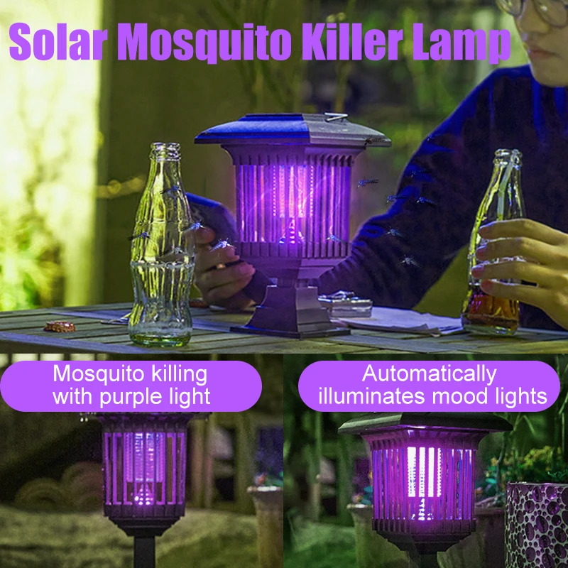 Solar Mosquito Killer Lamp, LED UV, choque elétrico, armadilha de mosquito, impermeável, inseto ao ar livre, Bug Zapper, luz para gramado e jardim,