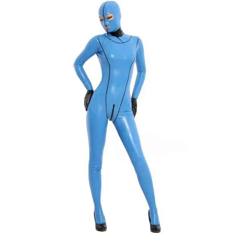 Sexy Female Latex Full-Body Catsuit Light Blue Zentai Rubber Bodysuit with Hood