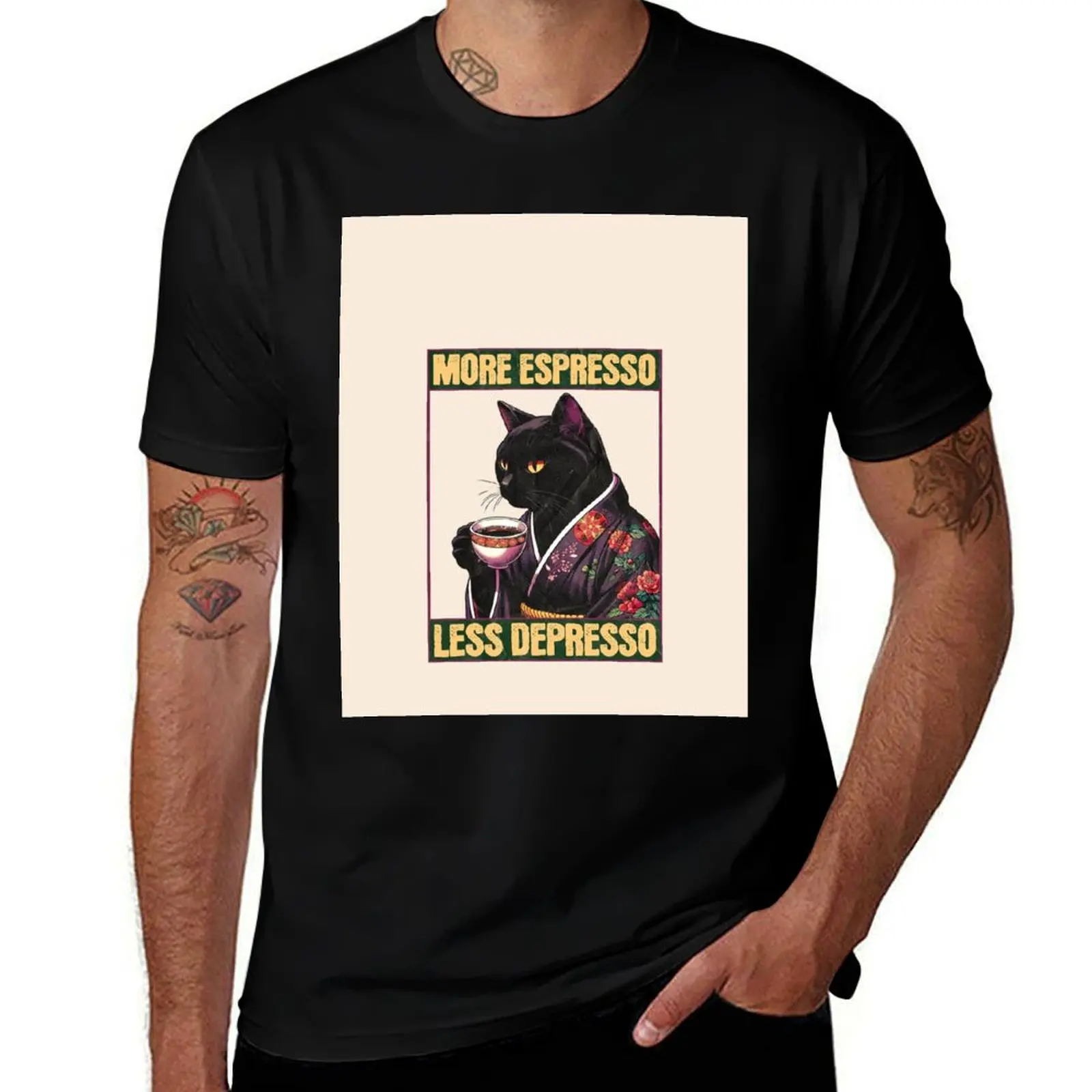 More Espresso Less Depresso Meme - Funny Coffee Cat Vintage Poster T-Shirt Anti-Perspiration Workout Top T-Shirt
