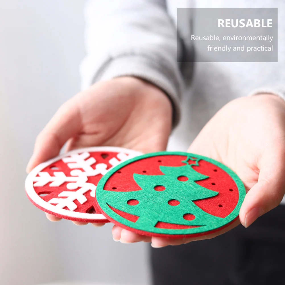 

12pcs Christmas Tree Cup Coasters 10Cm Felt Round Drink Pad Non-Slip Reusable Holiday Party Decor Xmas Mats For Furniture