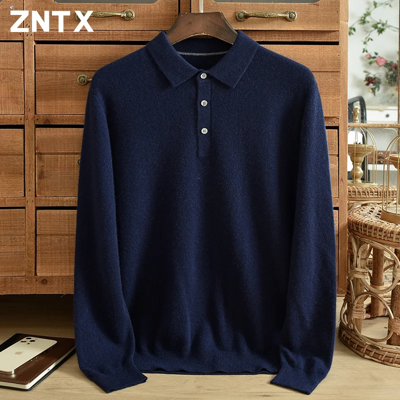 

New autumn and winter men's pure cashmere sweater solid color shirt collar button business casual middle-aged dad big size