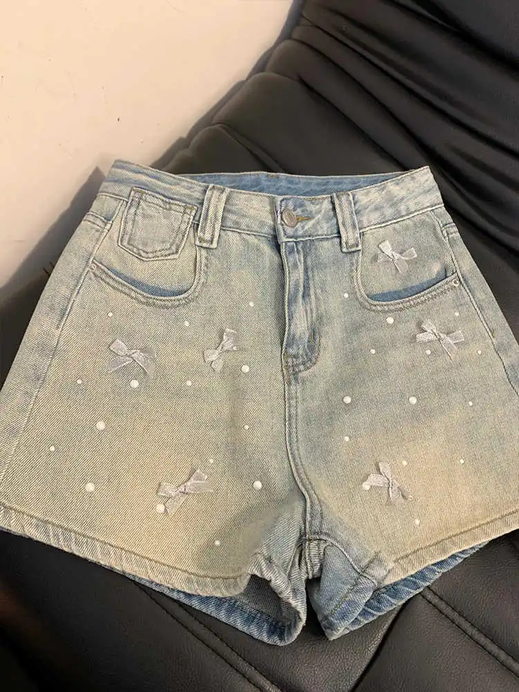 

Pearl Bow Shorts Jeans Women Baggy Y2K Fashion Straight Vintage Streetwear Denim 2024 Summer Loose Femme Denim Short Pants
