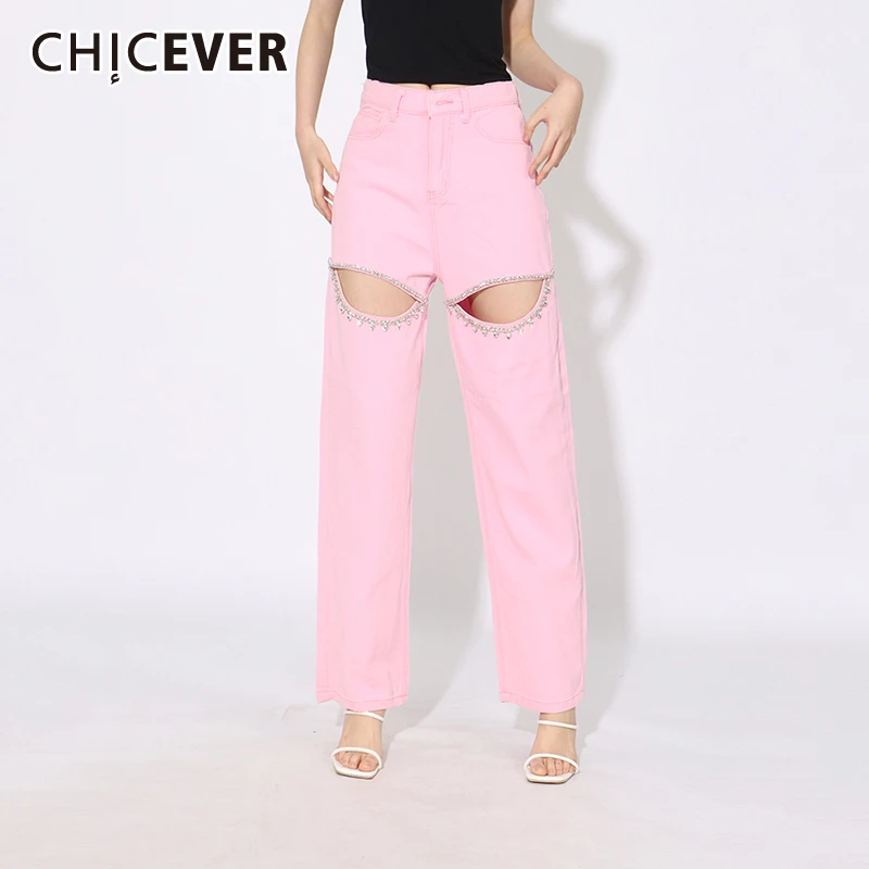 

CHICEVER Y2k Spliced Buttons Jeans For Women High Waist Hollow Out Patchwork Diamonds Wide Leg Streetwear Solid Pants Female New