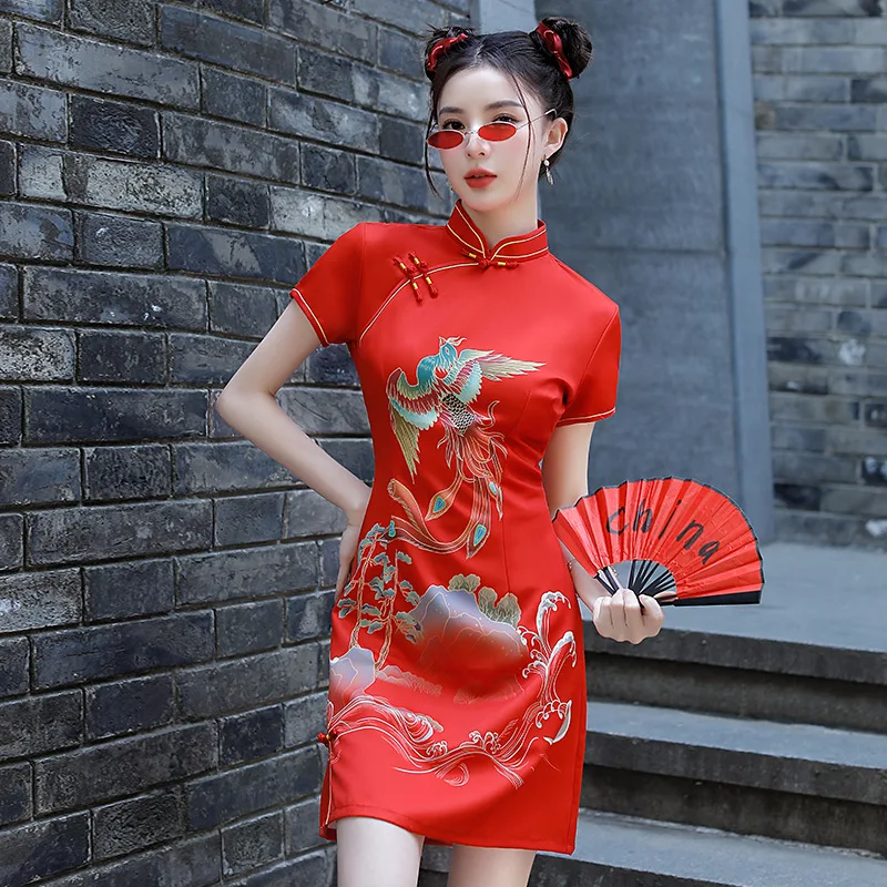 Red National Style Fashion Print Dress Women Spring Summer Cheongsam 2024 Modern Improve Vintage Elegant Slim Girl Chinese Qipao