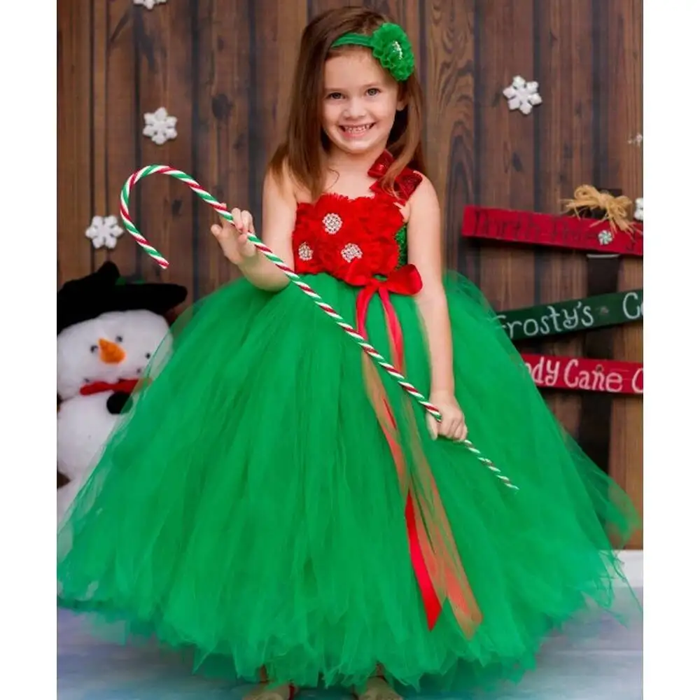Red Green Flowers Christmas Costumes for Girls Full Length Princess Dresses for Kids Xmas Party Outfit Children New Year Clothes