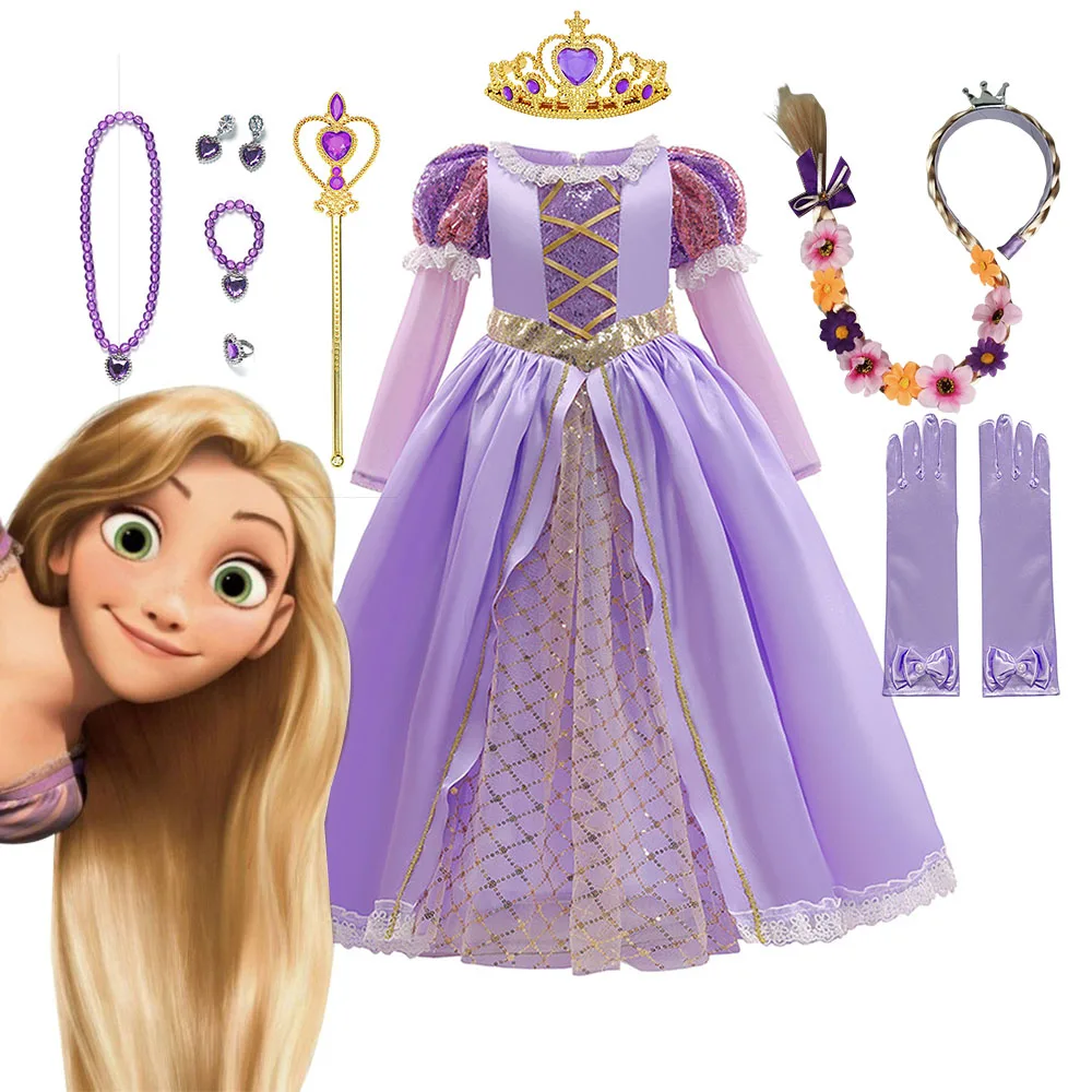 Disney-Rapunzel fantasia de princesa para menina, vestido de baile luxuoso, roupas infantis, festa de carnaval, cosplay, festa de aniversário, 3-8 anos