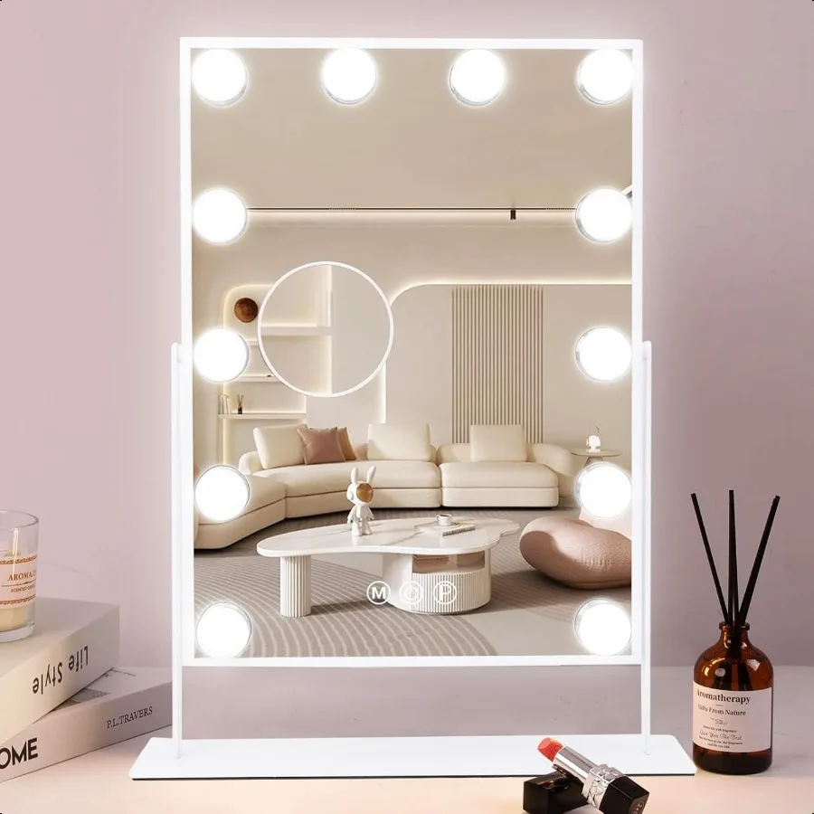 

Makeup Mirror Vanity Mirror with Lights 12 Led Bulbs Lighted Hollywood Mirror 10X Magnification 3 Color Modes Touch Control Wom