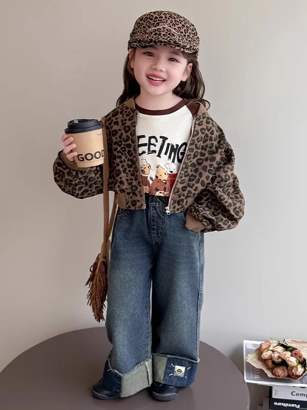 Niñas ort Svel Jaet primavera otoño cremallera larga Sve estampado de leopardo Casual suelta ajuste algodón niños Faion Top