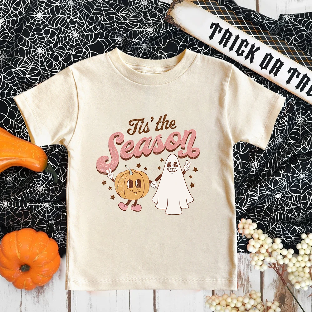 Tis' The Season Ghoul Pumpkin Tee Retro Hippie Halloween Kids Shirts Cute Halloween Shirt Vintage Natural Toddler Tee Tops