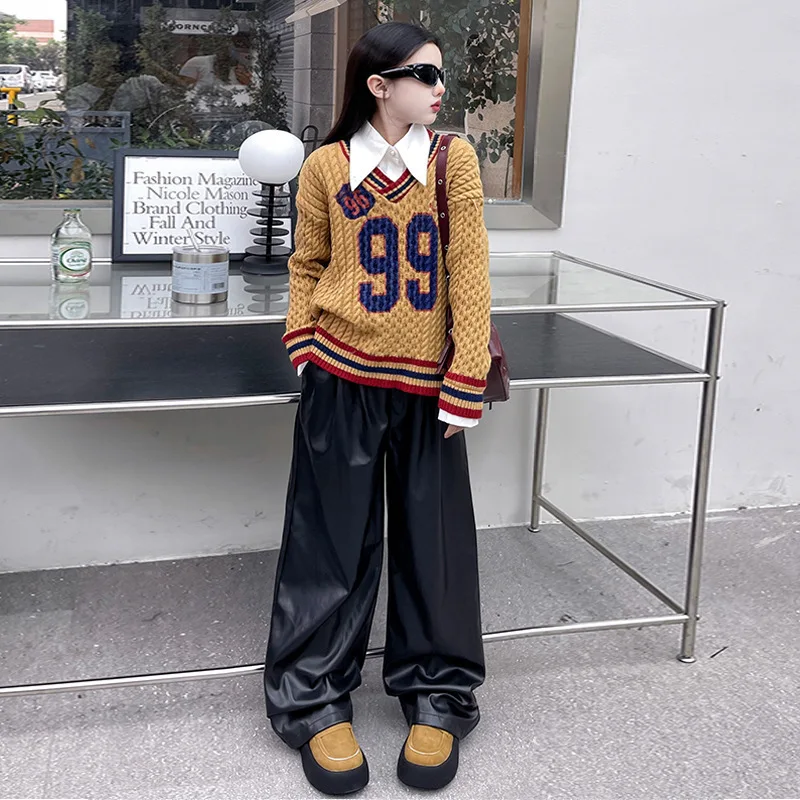 Girls' autumn fake two-piece shirt collar knitted sweater new Korean version children's casual wide leg leather pants