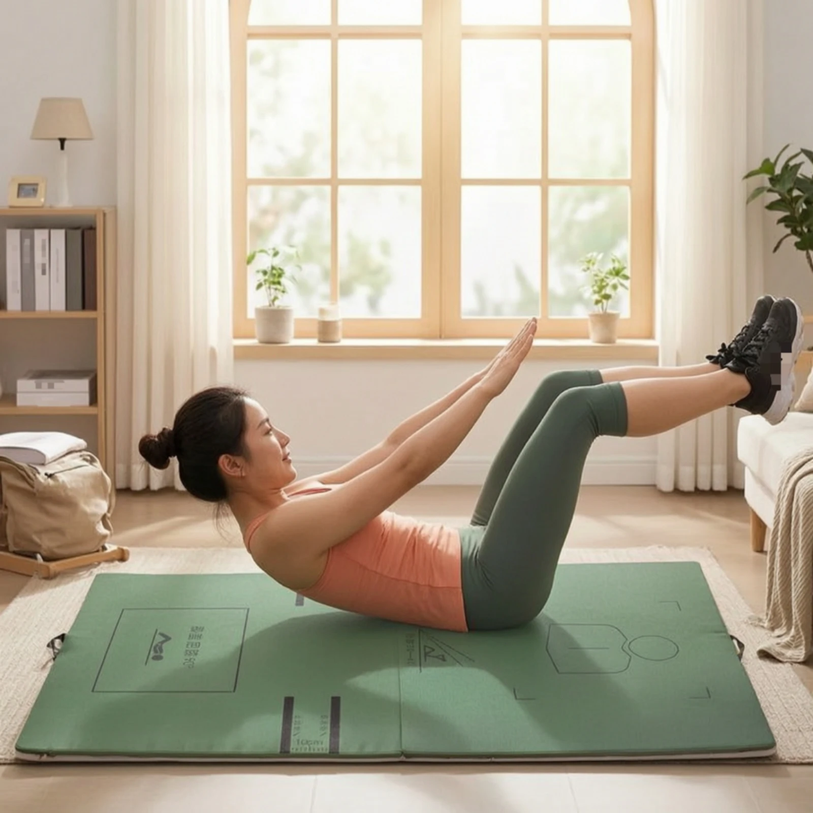 Workout Mat with Alignment Lines Textured Tri-Fold Exercise Mat Easy to Carry Cushioned for Floor Workouts, Home Gym