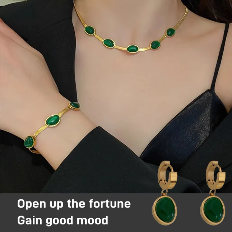 18k Gold Plated Emerald Necklace Earrings Bracelet Set For Women High Quality Fade Free