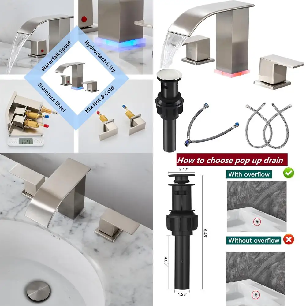 

Modern 8 Widespread Brushed Nickel 3-Hole LED Waterfall Vanity Faucet with Touch Controls