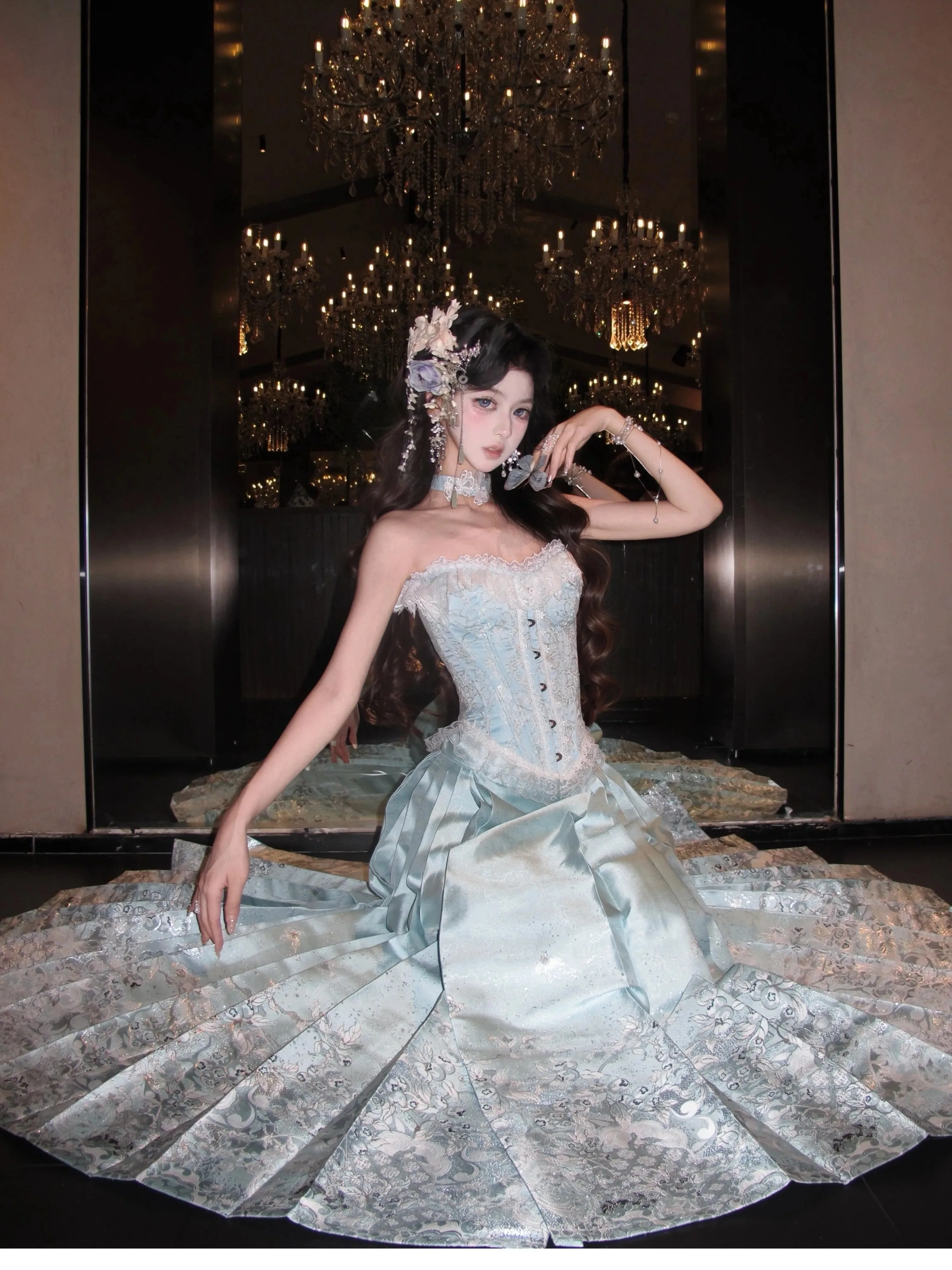 Original Design Blueberry Mint Color Water Series Han-Yang Chong-Ma Skirt High Waist A-Line Polyester Fiber 100% Hanfu Skirt