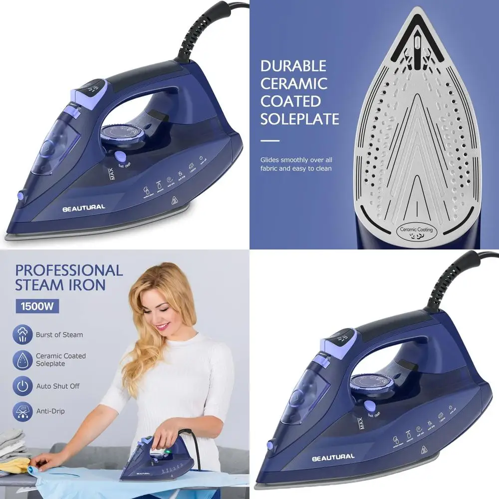 Precision Thermostat Iron with Ceramic Soleplate, 3-Way Auto-Off, Self-Clean, Anti-Calcium, Anti-Drip, Blue