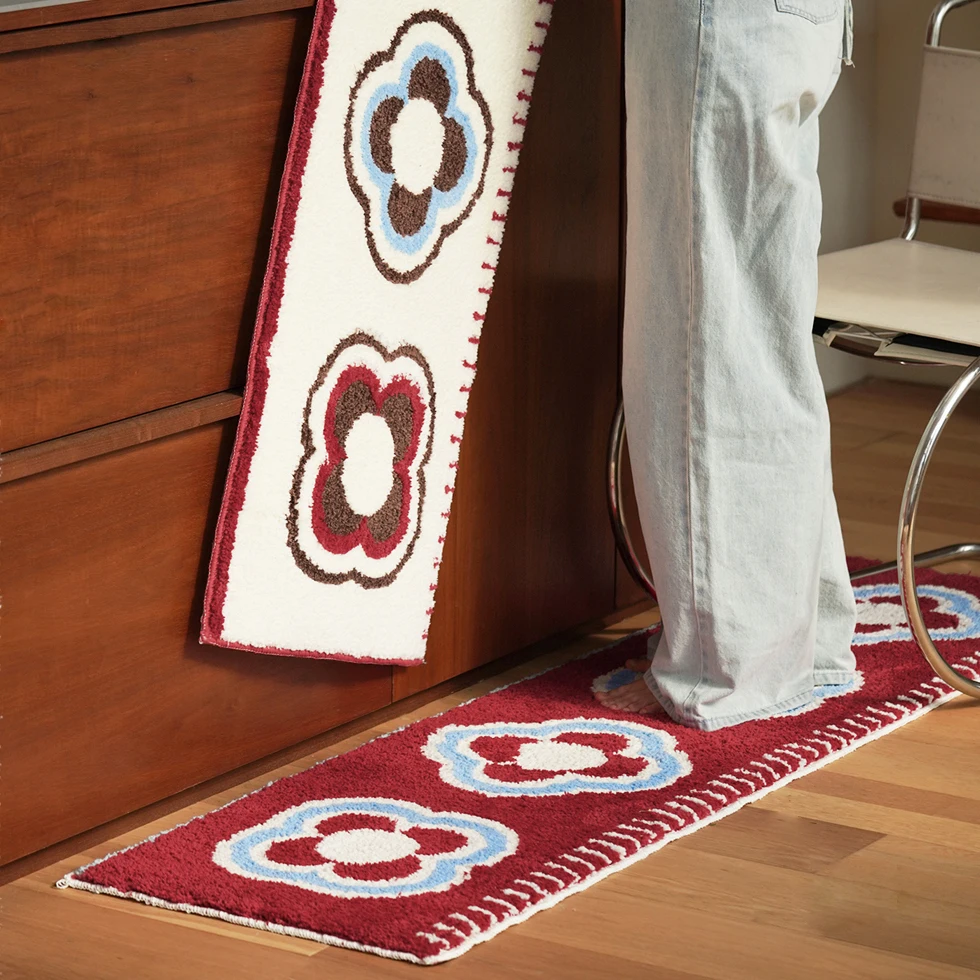 Long Tufting Floral Bedroom Rug Tufted Living Area Carpet Bathmat Soft Floor Pad Tidy Mat Aesthetic Home Room Decor 45x160cm