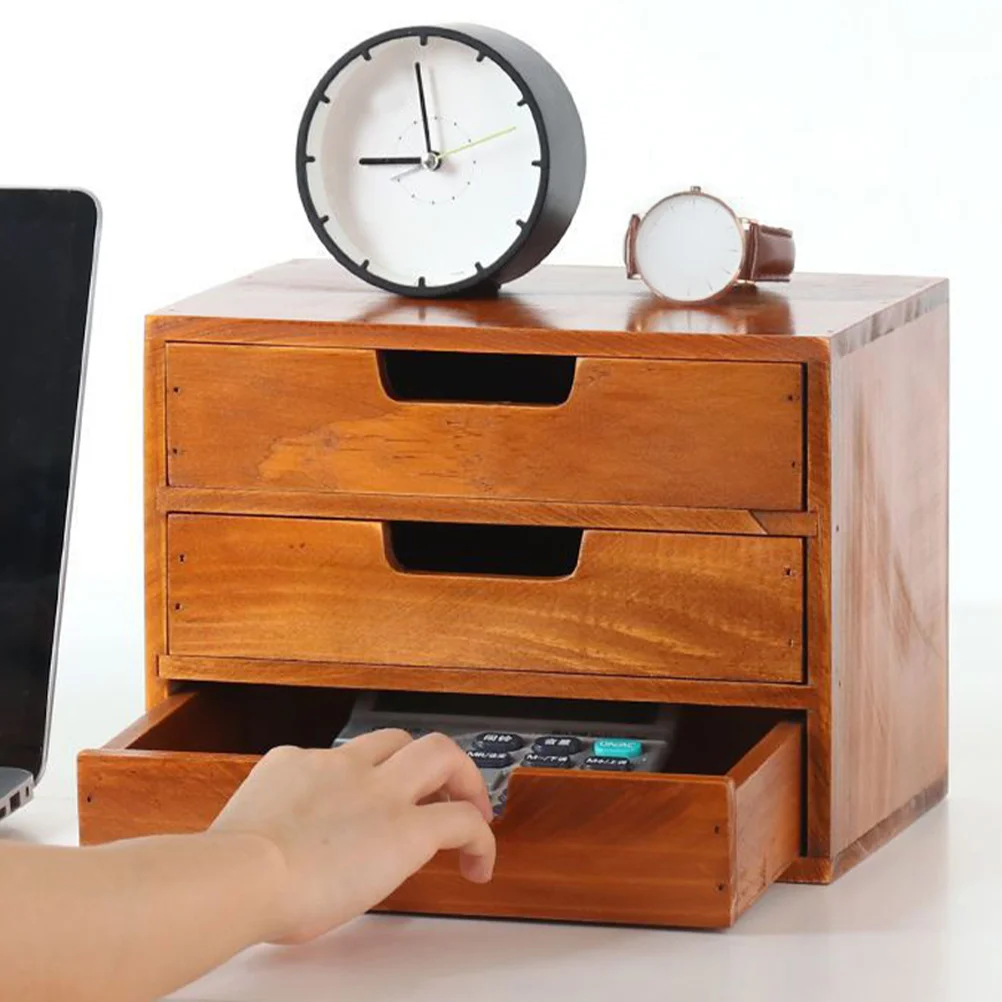 

Solid Wood Retro Storage Cabinet 3-layer Organizer Desktop Makeup Organizers Drawers File for Locker