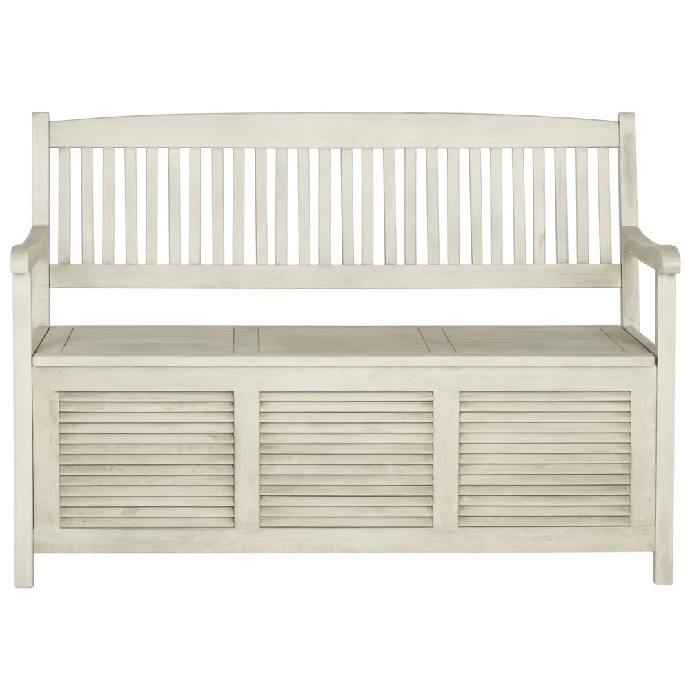 Modern Outdoor Storage Bench Acacia Wood Durable Seating Two Easy Care Stylish Design Ideal Pool Gear Cushions