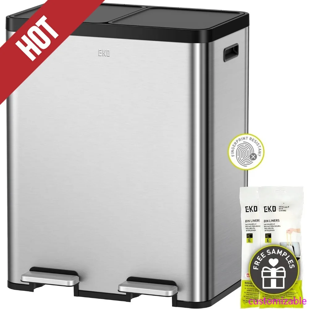 

Hot-Essential 8+8 Gallon Dual Trash Can, Kitchen Step Recycle Trash Can With Dual Removable Bucket, Independent Lids And Pedals