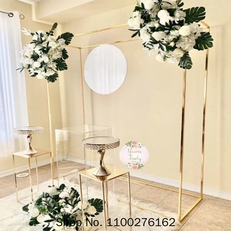 

Metal Wedding Arch Frame Mariage Row Runner Square Backdrop Stand Background Gold Plating Outdoor Artificial Flower Door Shelf