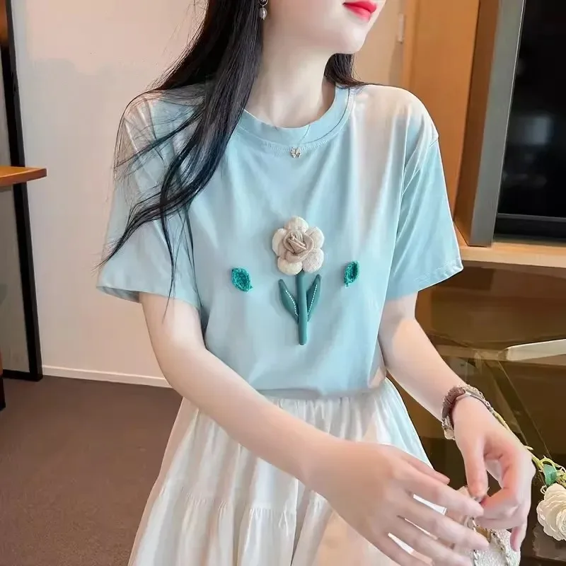 Spring Summer Women 3D Flower Applique T Shirt Casual Crew Neck Short Sleeve Soft Pastel Blue Basic Tee Tops