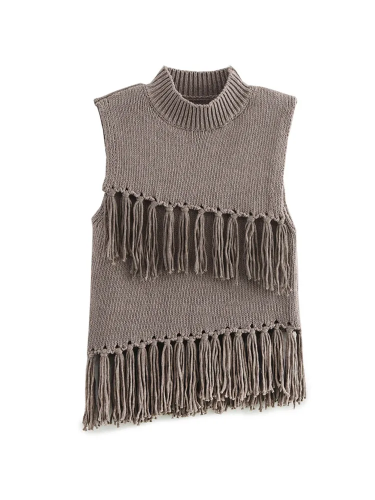 Zevity Women Fashion Sleeveless Cascading Tassel Knitting Vest Sweater Female Chic Stand Collar Waistcoat Pullover Tops SW7311