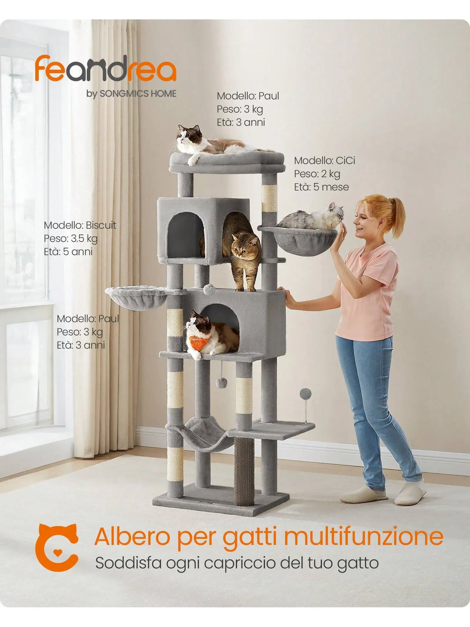 Feandrea 175cm Cat Tree: Tall tower with 2 caves, 2 baskets, 5 posts, self-groomer, perch, hammock, for indoor cats