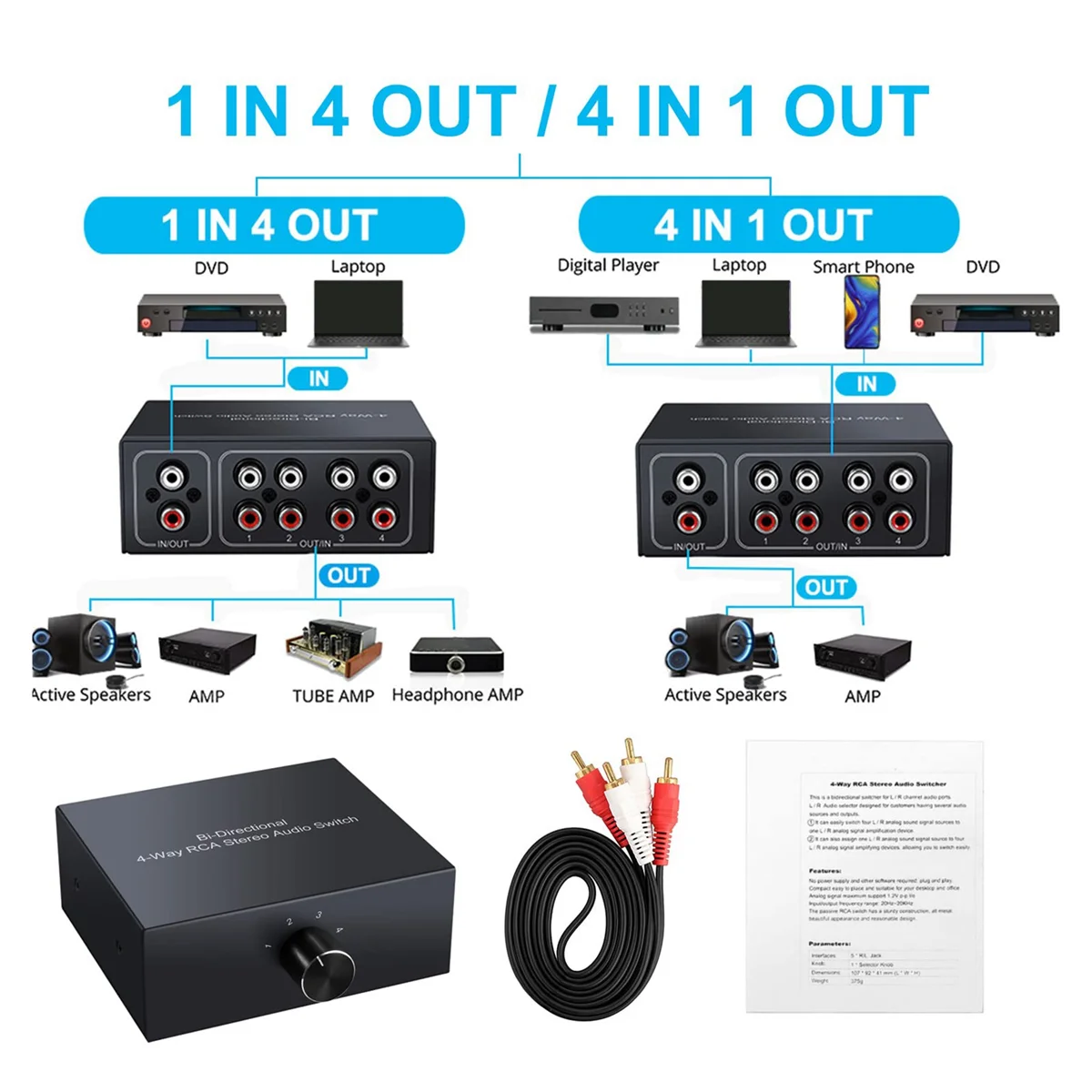 

X62A_4 Ports Bi-Directional R L RCA Audio Switcher Box Audio Rotary Switch