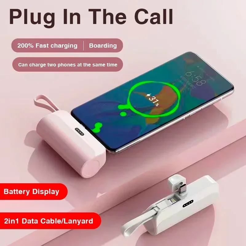 10000 mAh Mini Power Bank Large Capacity Fast Charging Built In Cable Powerbank Emergency External Battery for Iphone Xiaomi