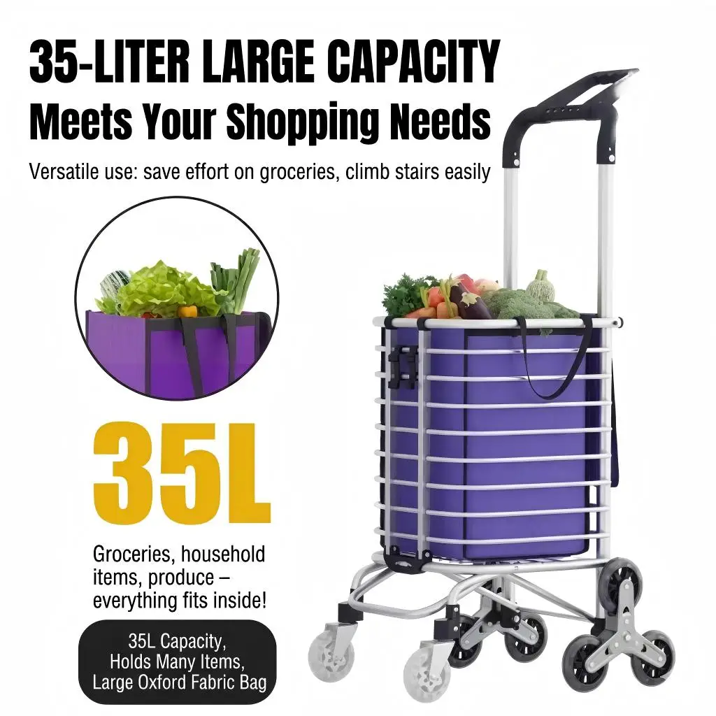 

Foldable 8-Wheel Shopping Hand-Cart with Detachable Storage Bag for Supermarket Daily Groceries Suitable for Climbing Stairs