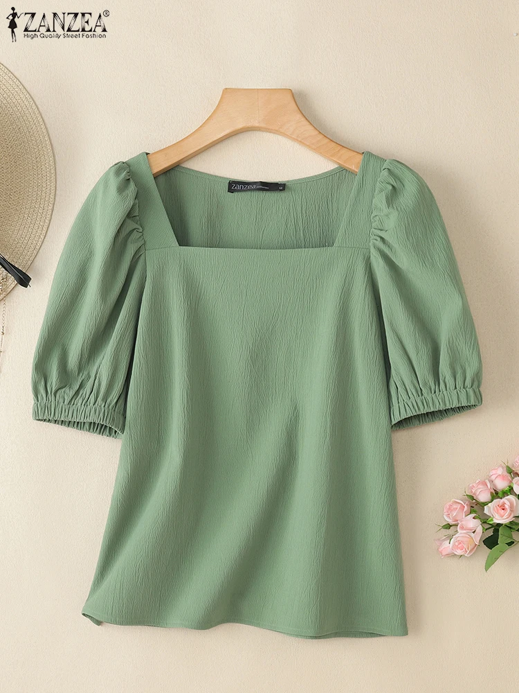 

ZANZEA Crinkled Texture Solid Color Blusas Mujer Fashion Elegant Square Neck Summer Blouses Woman Short Puff Sleeve Smock Tops
