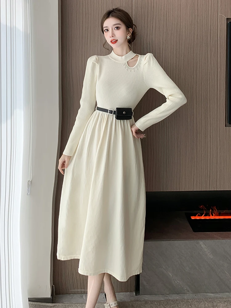 

Autumn Winter Women Sexy Hollow Out Off Shoulder Knitted Dress French Fashion Advanced Sense Belt Collocation Sweater Dress New